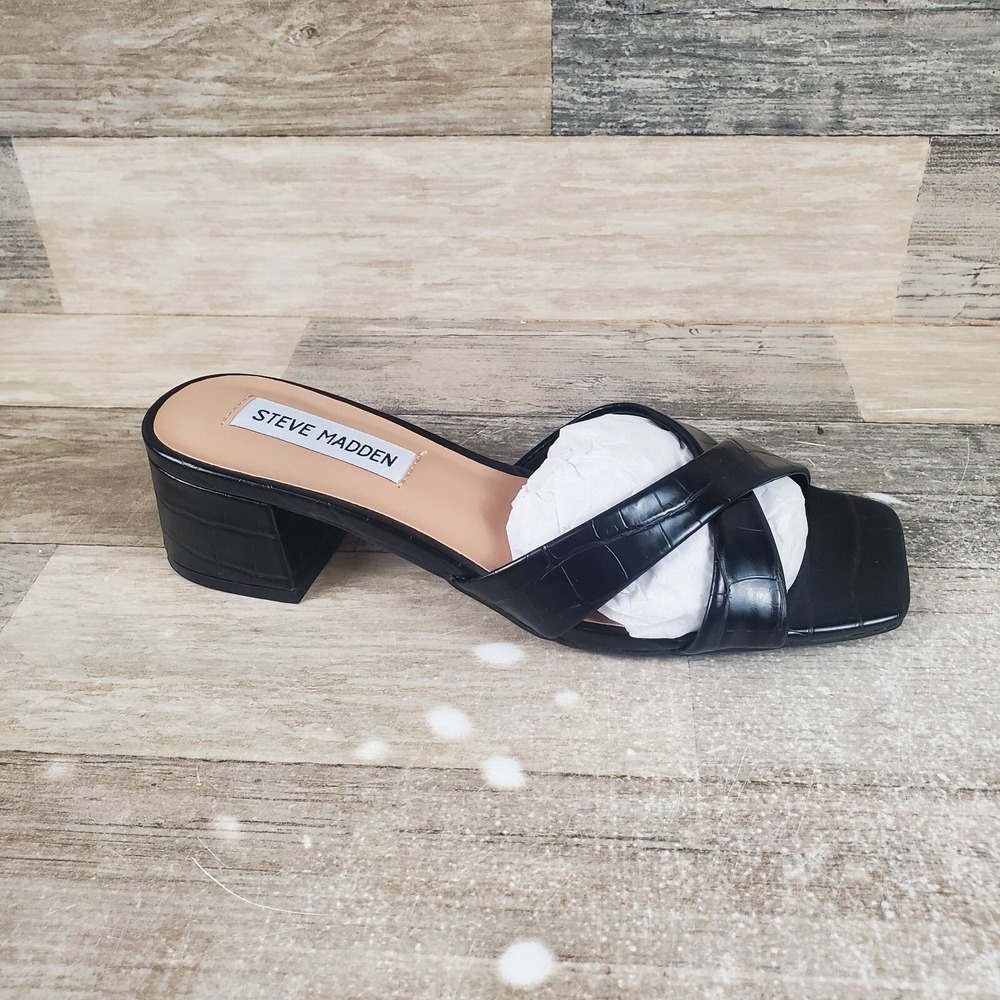 Steve Madden Gaia Womens Sandals Sz 6 M Black Croc Leather Slip-On Block Heels